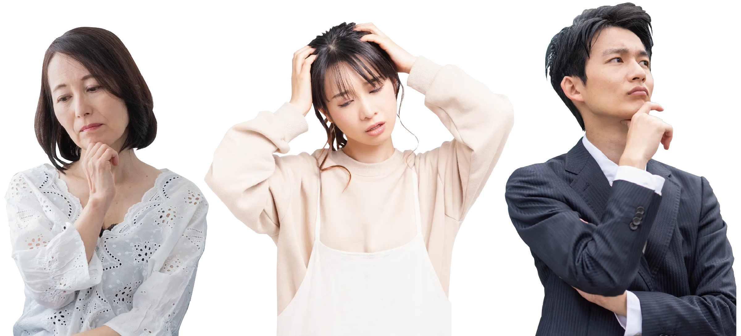 運転に不安を感じる人々のイメージ。運転への不安を“得意”へ。TOTAL ESCORT BUDDIESは、元教習所指導員による出張マンツーマンのペーパードライバー講習